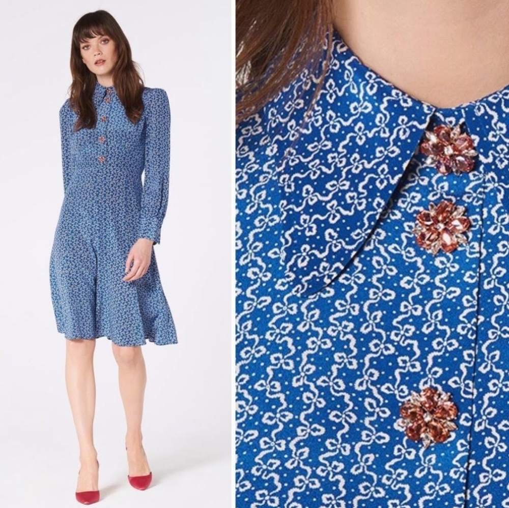 LK Bennett Blue Floral-Print Long Sleeve Shirt Dress with Jewel Buttons